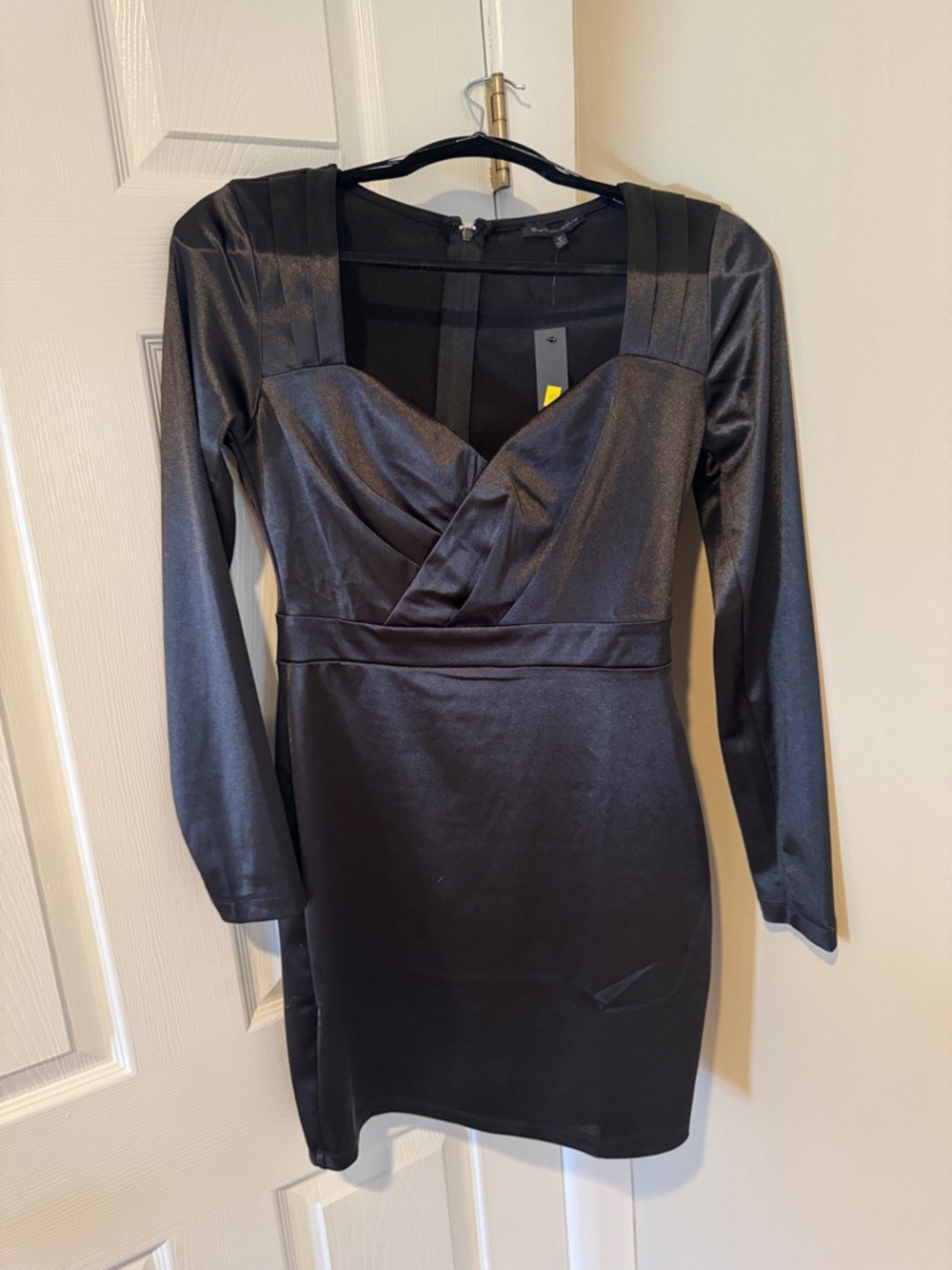 Brand new with tags Black Satin Long-Sleeve V-Neck Sheath Dress